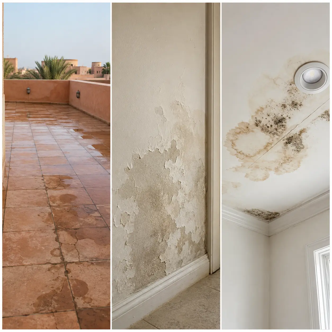 Problèmes d'infiltration d'eau sur une terrasse, humidité des murs et fuite au plafond